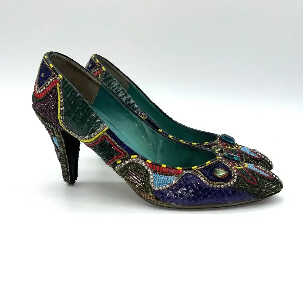 Bradley Levin Beaded Heels Womens 8 Charles Jourdan 80s 90s Vintage Rare Unique - Picture 15 of 15